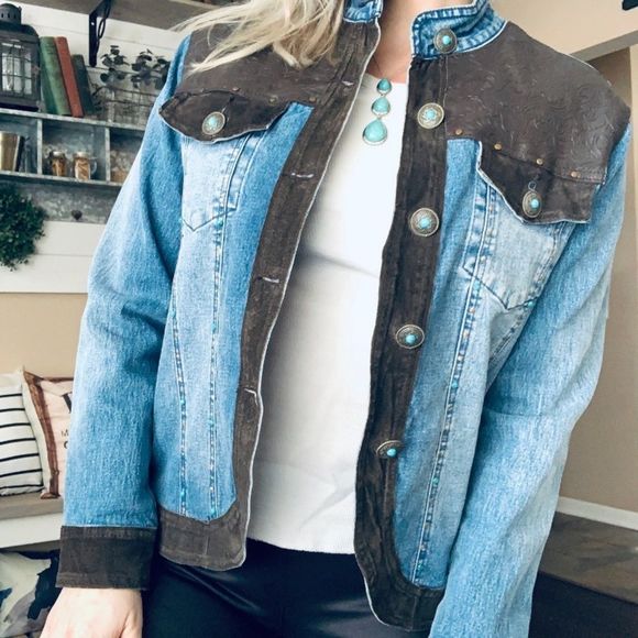 Vintage western Diane Gilman suede rodeo cowgirl button up denim jacket - Picture 3 of 8